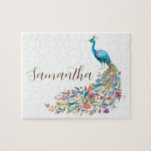 Beautiful watercolor blue peacock I Jigsaw Puzzle