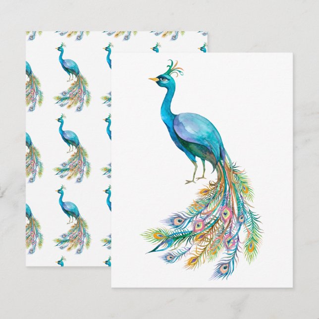 Beautiful watercolor blue peacock illustration card (Front/Back)