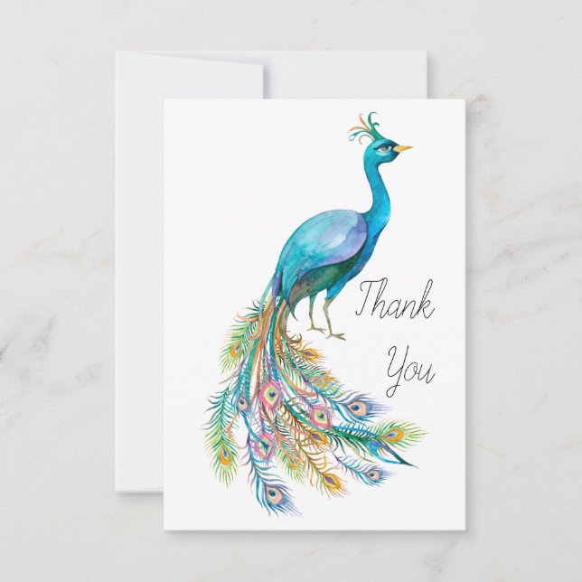 Beautiful watercolor blue peacock illustration thank you card (Front)