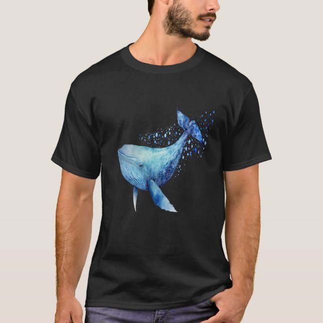 Beautiful Watercolor Blue Whale Portrait T-Shirt (Front)