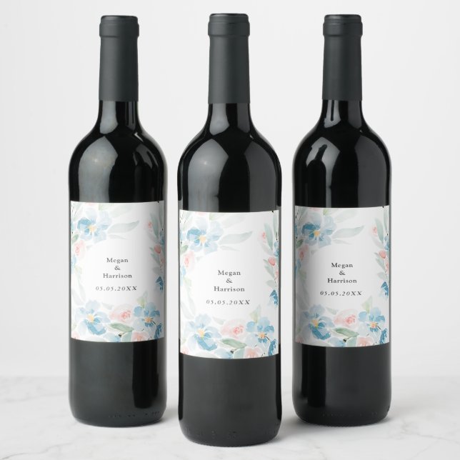 Beautiful watercolor blush roses and blue flowers  wine label (Bottles)