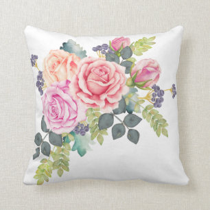 Beautiful Watercolor Bouquet of Pink Peach Roses 2 Cushion