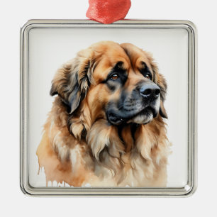 BEAUTIFUL WATERCOLOR BROWN LEONBERGER DOG METAL TREE DECORATION