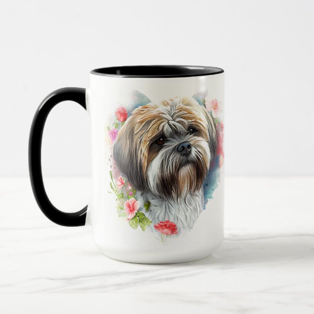 BEAUTIFUL WATERCOLOR BROWN WHITE LHASA APSO DOG MUG (Left)