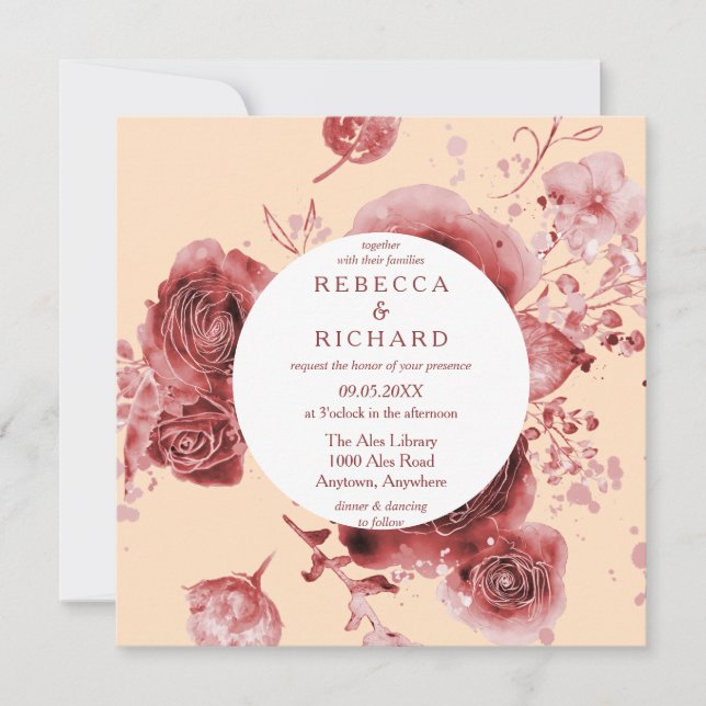 Beautiful Watercolor Burgundy floral wedding Invitation (Front)