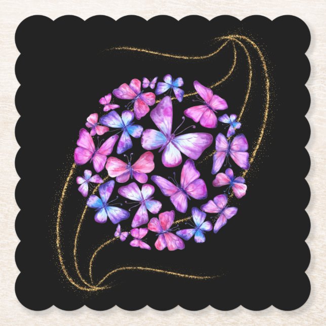 Beautiful Watercolor Butterflies with Gold Bling Paper Coaster (Front)