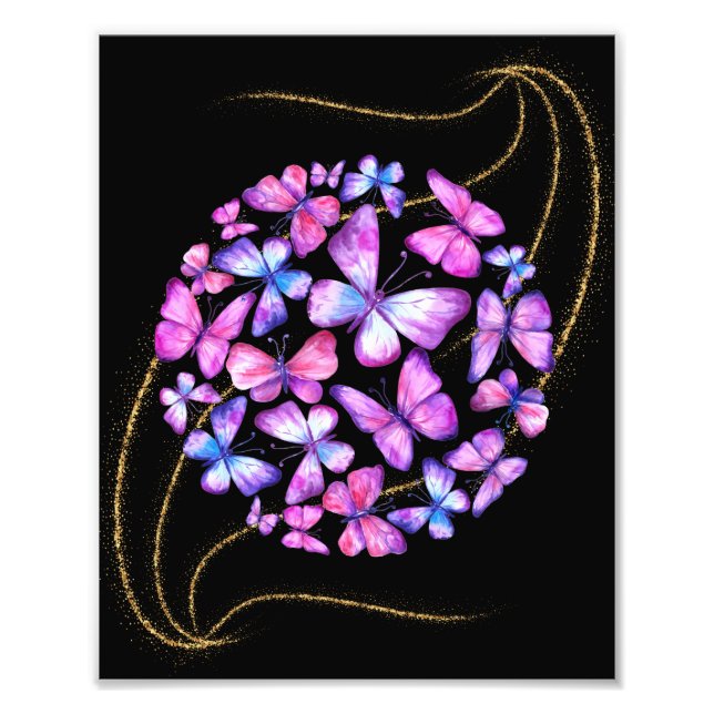 Beautiful Watercolor Butterflies with Gold Bling Photo Print (Front)