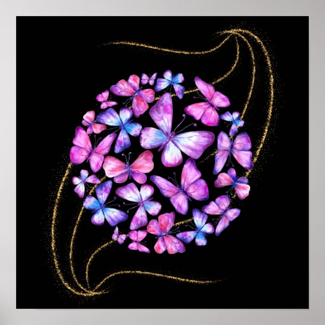 Beautiful Watercolor Butterflies with Gold Bling Poster (Front)