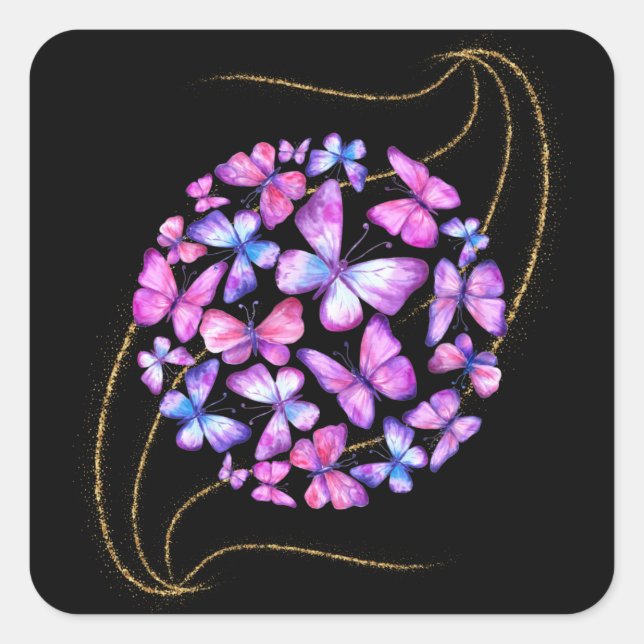 Beautiful Watercolor Butterflies with Gold Bling Square Sticker (Front)
