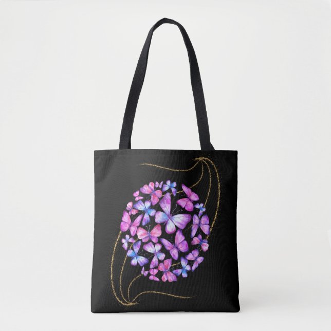 Beautiful Watercolor Butterflies with Gold Bling Tote Bag (Front)