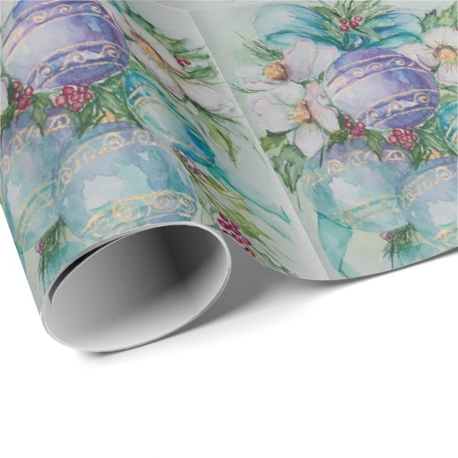 Beautiful Watercolor Christmas Ornament Wrapping Paper (Roll Corner)