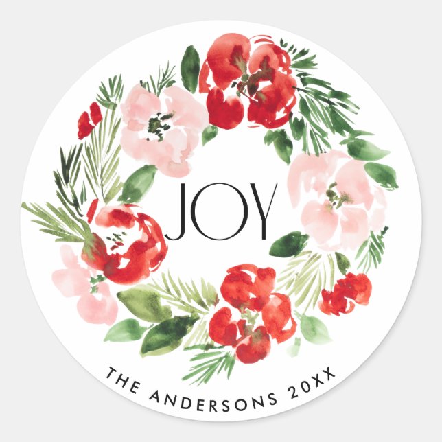 Beautiful Watercolor Christmas wreath Joy  Classic Round Sticker (Front)