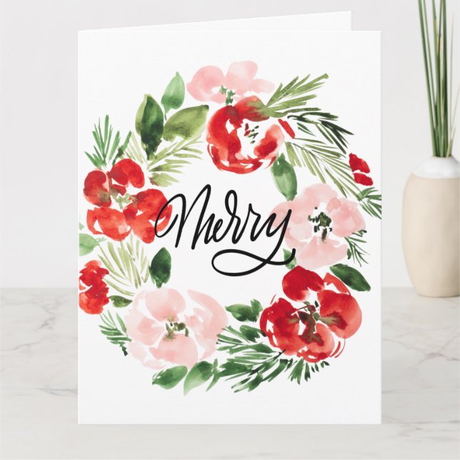 Beautiful Watercolor Christmas wreath Merry Card (Front)