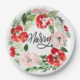Beautiful Watercolor Christmas wreath Merry Paper Plate