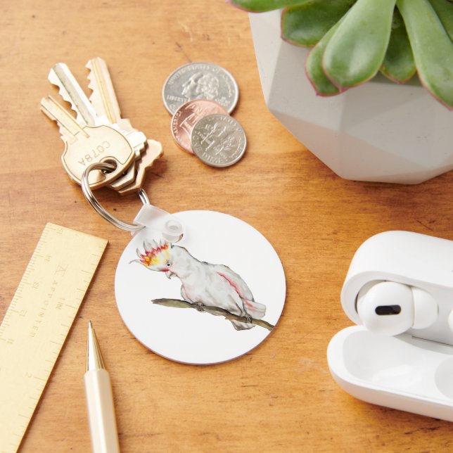 Beautiful watercolor cockatoo parrot hand drawing key ring (Desk)