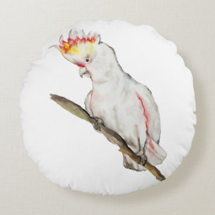 Beautiful watercolor cockatoo parrot hand drawing round cushion