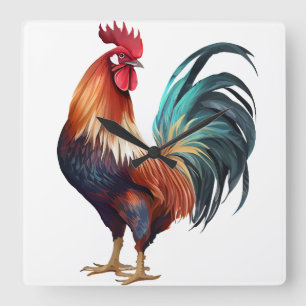 BEAUTIFUL WATERCOLOR COLORFUL ROOSTER SQUARE WALL CLOCK