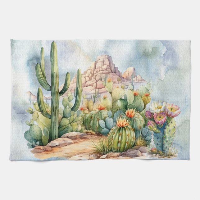 Beautiful Watercolor Desert Cacti Scenery Tea Towel (Horizontal)