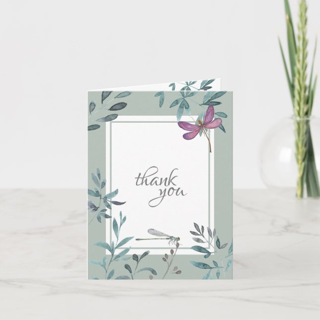 Beautiful Watercolor Dragonfly and Garden Greenery Thank You Card (Front)