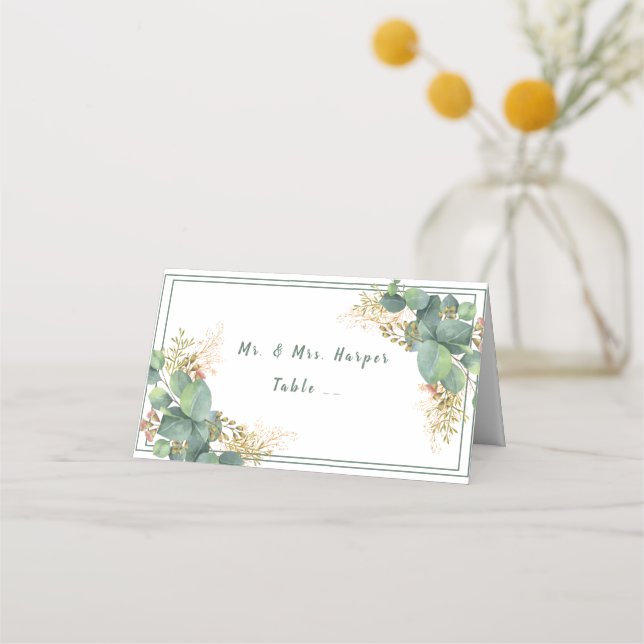 Beautiful Watercolor Eucalyptu Gold Filigree Place Card (Front)