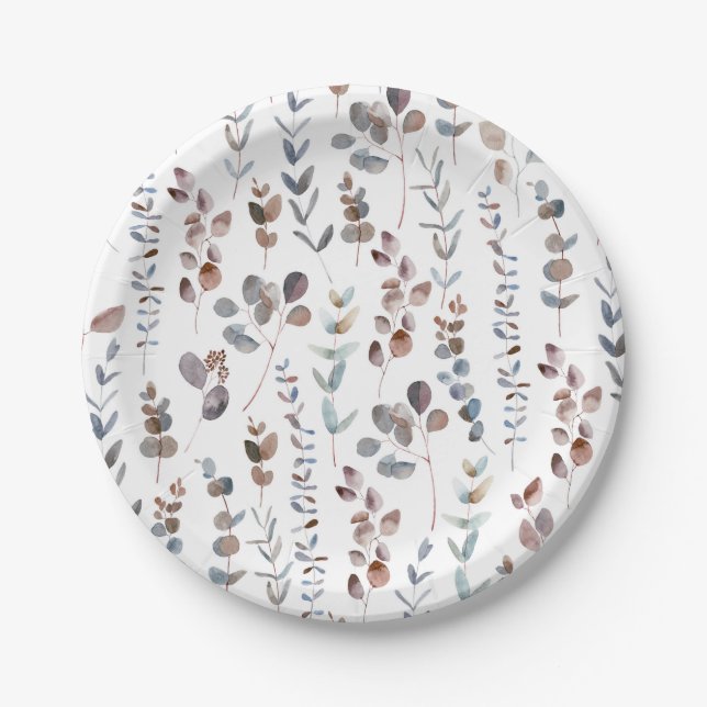 Beautiful Watercolor Eucalyptus Leaves Paper Plate (Front)