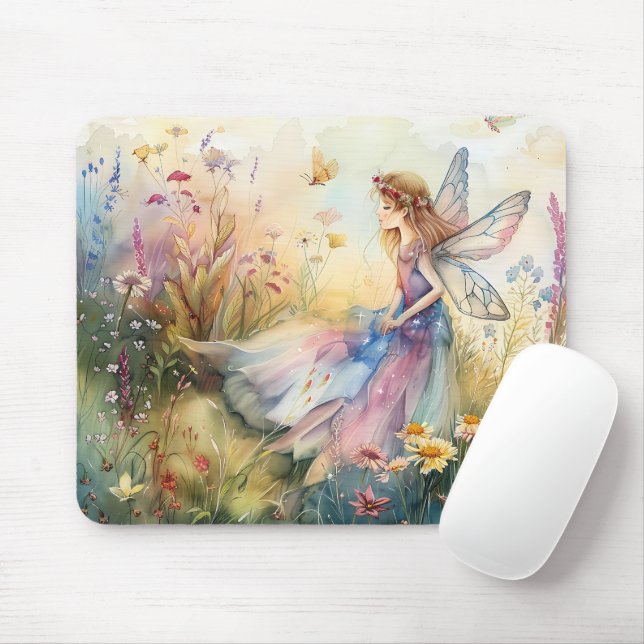 Beautiful Watercolor Fairy In Meadow Mouse Mat (With Mouse)