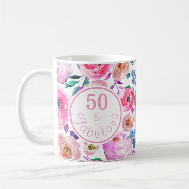 Beautiful Watercolor Fifty and Fabulous Floral Coffee Mug (Left)