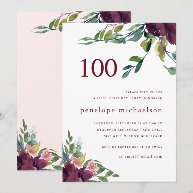 Beautiful Watercolor Floral 100th Birthday Invitation (Front/Back)