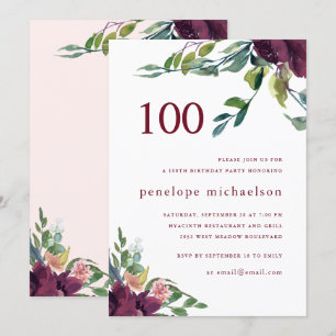 Beautiful Watercolor Floral 100th Birthday Invitation