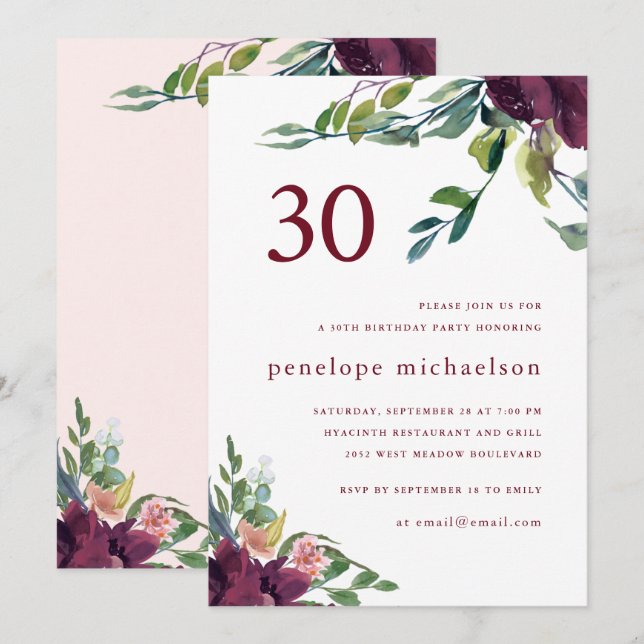 Beautiful Watercolor Floral 30th Birthday Invitation (Front/Back)