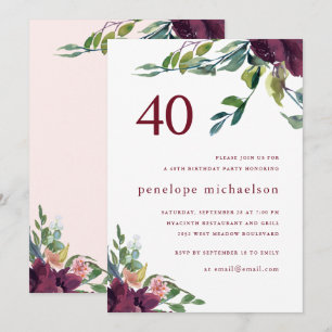 Beautiful Watercolor Floral 40th Birthday Invitation
