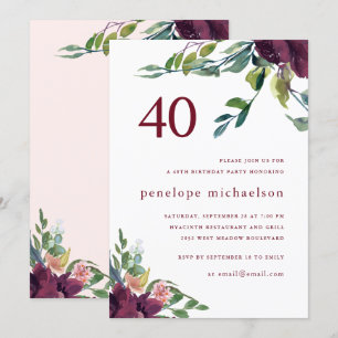 Beautiful Watercolor Floral 40th Birthday Invitation