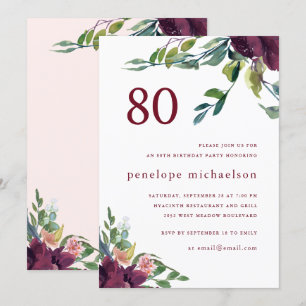 Beautiful Watercolor Floral 80th Birthday Invitation