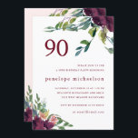 Beautiful Watercolor Floral 90th Birthday Invitation<br><div class="desc">Beautiful and chic watercolor botanical floral and greenery ninetieth birthday celebration party invitation,  features a lovely pastel pink back with purple burgundy flowers and greenery,  and a white front with elegant 90 typography and blooms with foliage.</div>