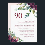 Beautiful Watercolor Floral 90th Birthday Invitation<br><div class="desc">Beautiful and chic watercolor botanical floral and greenery ninetieth birthday celebration party invitation,  features a lovely pastel pink back with purple burgundy flowers and greenery,  and a white front with elegant 90 typography and blooms with foliage.</div>