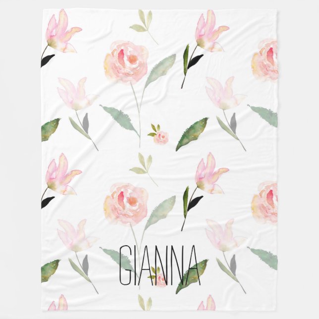 Beautiful Watercolor Floral Blush Pink Fleece Blanket (Front)