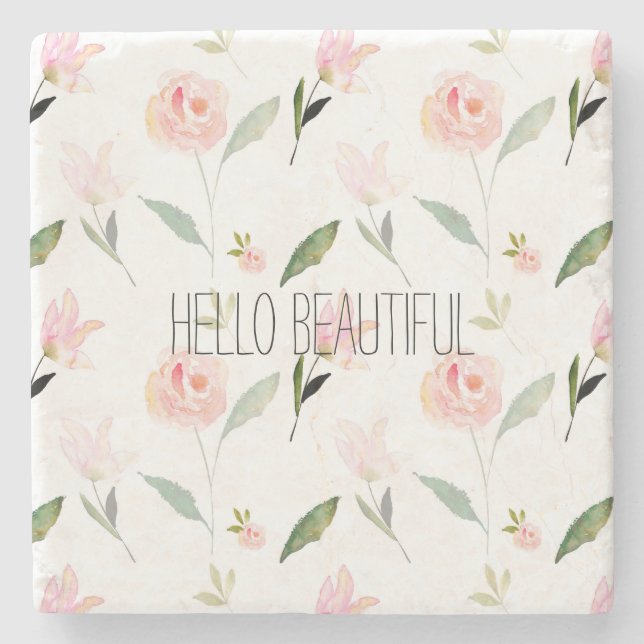Beautiful Watercolor Floral Blush Pink Stone Coaster (Front)