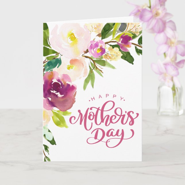 Beautiful Watercolor Floral Bouquet Mother's Day Card (Orchid)
