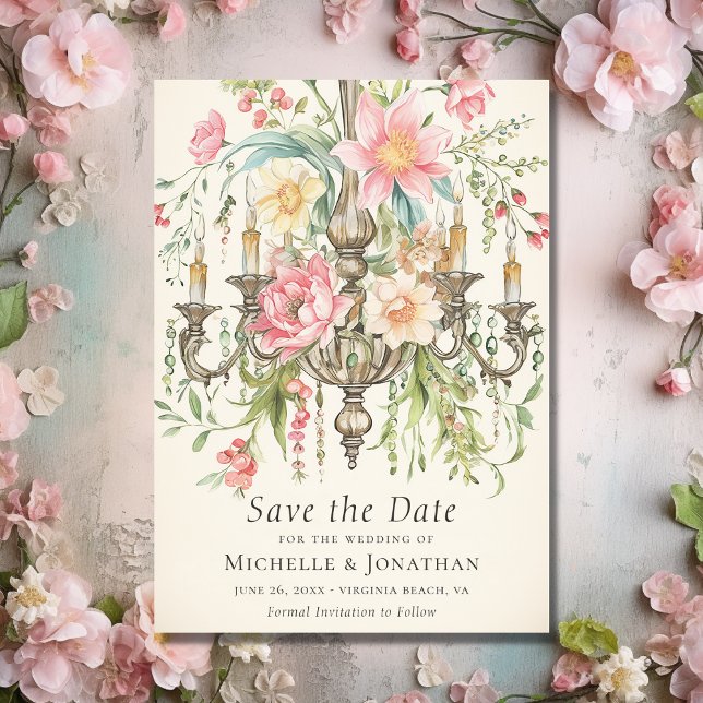 Beautiful Watercolor Floral Chandelier Wedding Save The Date (Front - Beautiful Watercolor Floral Chandelier Wedding Save The Date)