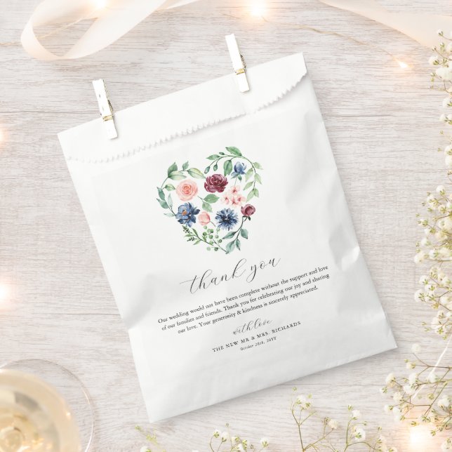 Beautiful Watercolor Floral Heart Wedding Favour Bags (Clipped)