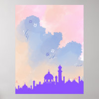 Beautiful Watercolor Floral Mosque Islamic Gift