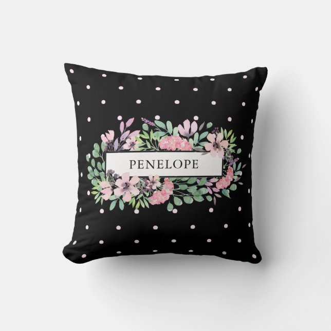 Beautiful Watercolor Floral | Polka Dots on Black Cushion (Front)