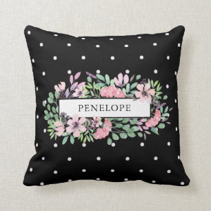 Beautiful Watercolor Floral Polka Dots on Black Cushion
