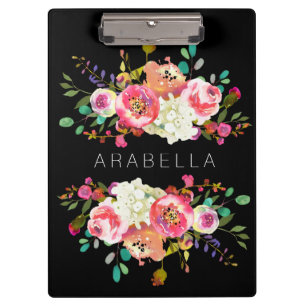 Beautiful Watercolor Floral with your Name   Black Clipboard