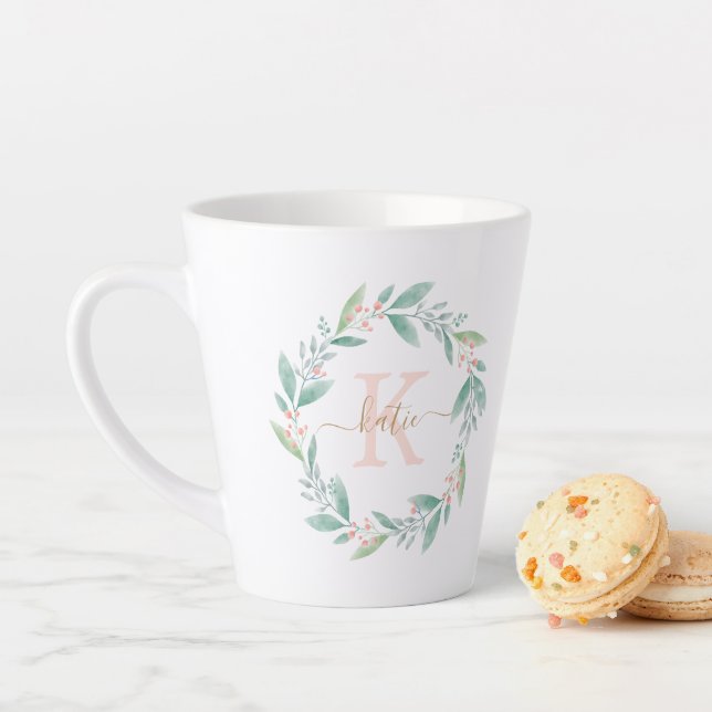 Beautiful Watercolor Floral Wreath Monogram Latte Mug (In Situ)