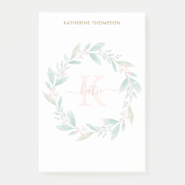 Beautiful Watercolor Floral Wreath Monogram Post-it Notes (Front)