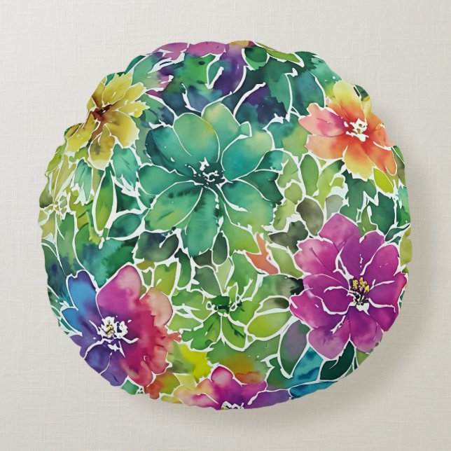 Beautiful Watercolor Flower Pattern Round Cushion (Front)
