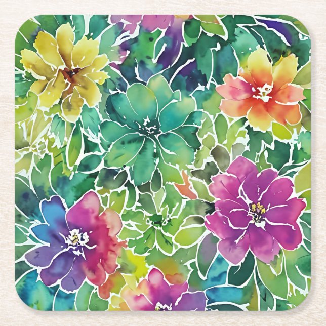 Beautiful Watercolor Flower Pattern Square Paper Coaster (Front)