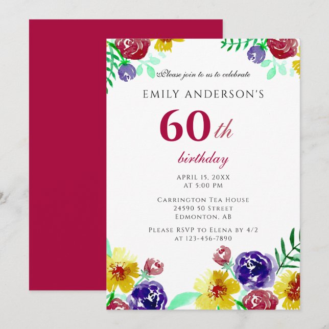 Beautiful Watercolor Flowers 60th Birthday Woman Invitation (Front/Back)
