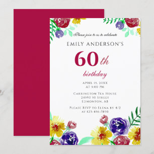 Beautiful Watercolor Flowers 60th Birthday Woman Invitation